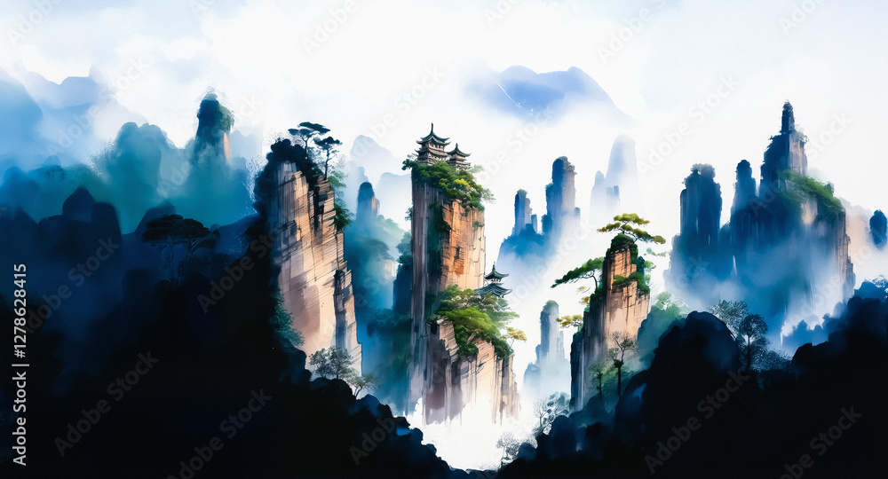 Poster a serene landscape painting features towering misty mountains with trees and traditional buildings n