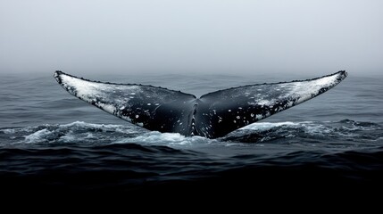 Fototapeta premium Whale tail ocean foggy backdrop wildlife