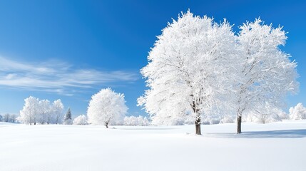 Frosty trees on a snow-covered field under a clear blue sky. Possible use Nature photography