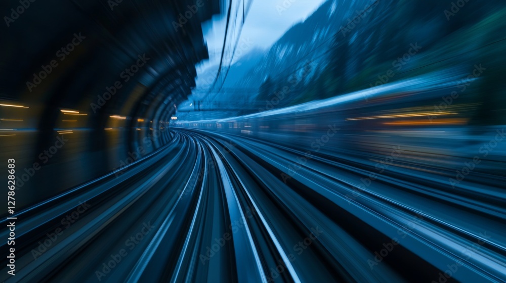 Poster a high-speed train at full speed, passing through a tunnel in a mountainous region, with blurred mot