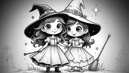 Obraz premium Adorable Halloween Witches: Two Cute Girl Witches in Monochrome