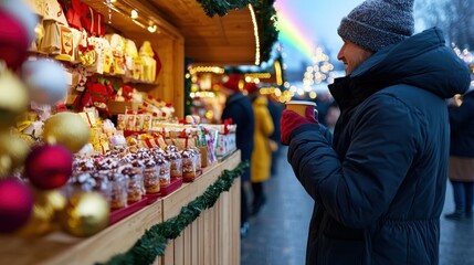Fototapeta premium A festive scene at a holiday market, showcasing decorative items and a person enjoying a warm drink under a colorful rainbow backdrop.