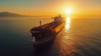 Obraz premium A majestic large ship sailing across the vast ocean, with the sun setting in the background, casting a warm golden glow over the water and vessel.