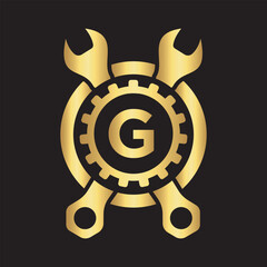 Initial Wrench Logo Combine With Letter G Vector Template