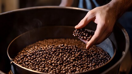 A close-up of hands holding coffee beans
