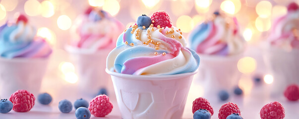 Soft-serve ice cream with berries and gold sprinkles