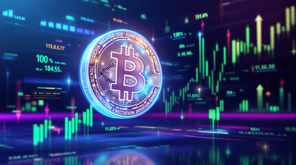 Representação digital de Bitcoin com gráficos financeiros ao fundo, simbolizando mercado de criptomoedas, investimentos e análise de dados em um ambiente tecnológico.