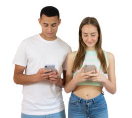 Young man and woman in casual wear standing and holding mobile phone isolated over transparent background. PNG transparent
