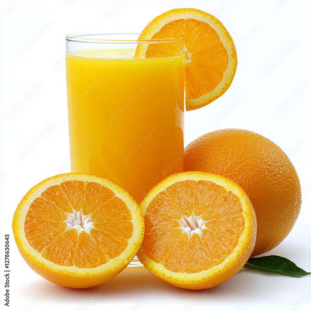 Poster a refreshing glass of freshly squeezed orange juice with a slice of orange on the rim, isolated on a