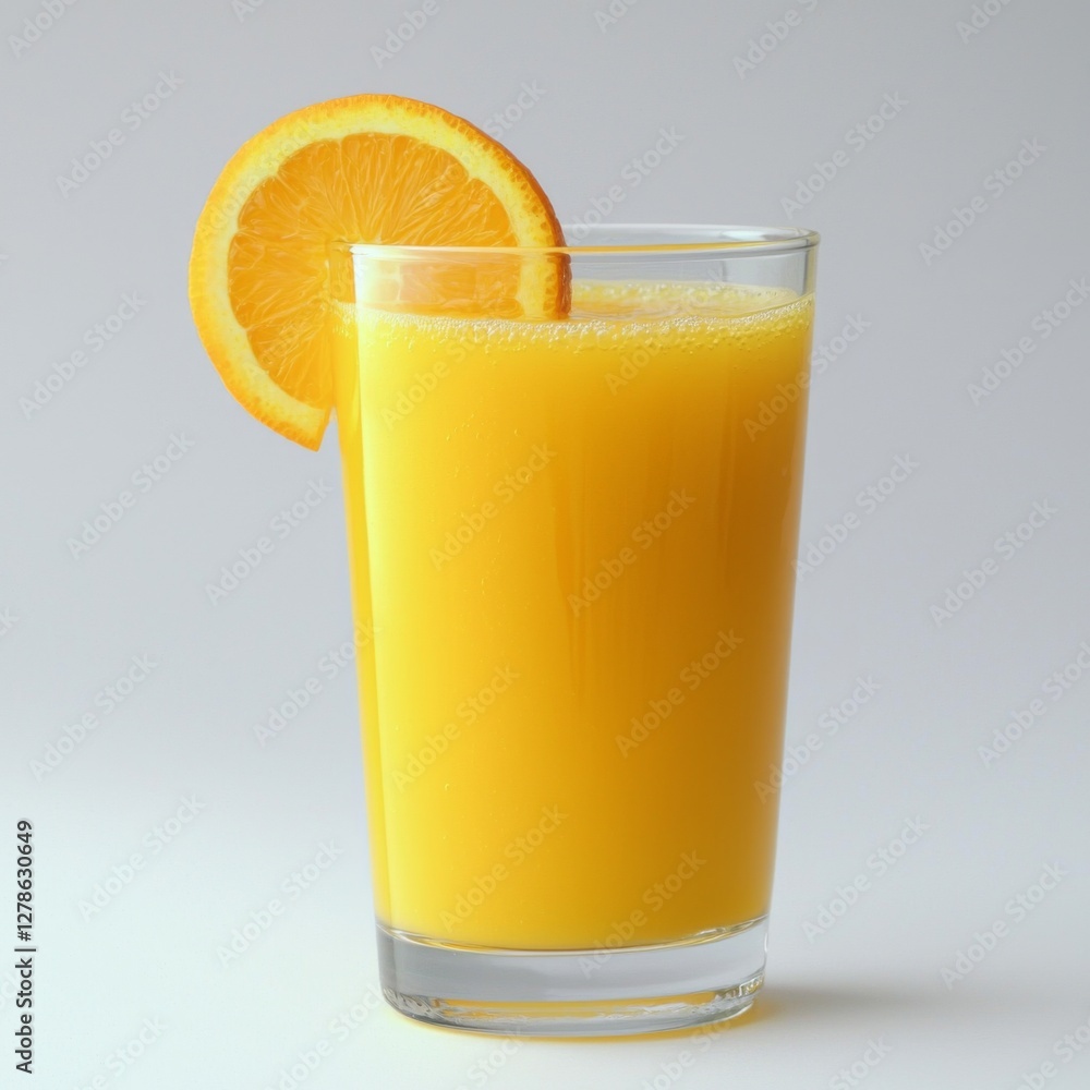 Poster a refreshing glass of freshly squeezed orange juice with a slice of orange on the rim, isolated on a