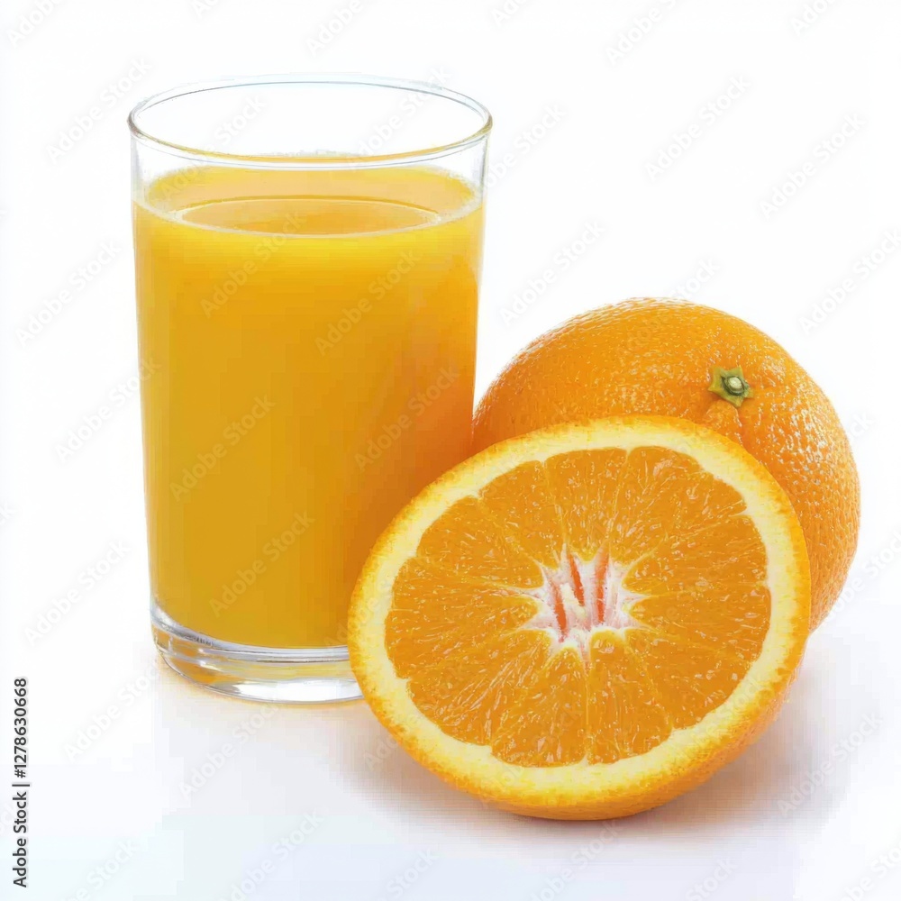 Poster a refreshing glass of freshly squeezed orange juice with a slice of orange on the rim, isolated on a