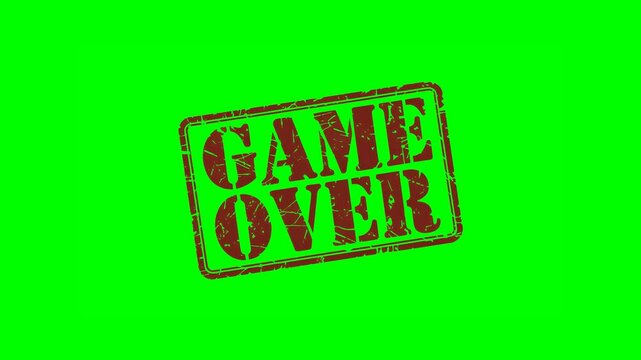 Animated "GAME OVER" rubber stamp seal with bold red text, featuring a zoom and hit effect on a green screen background for failure, competition results, and game-related content