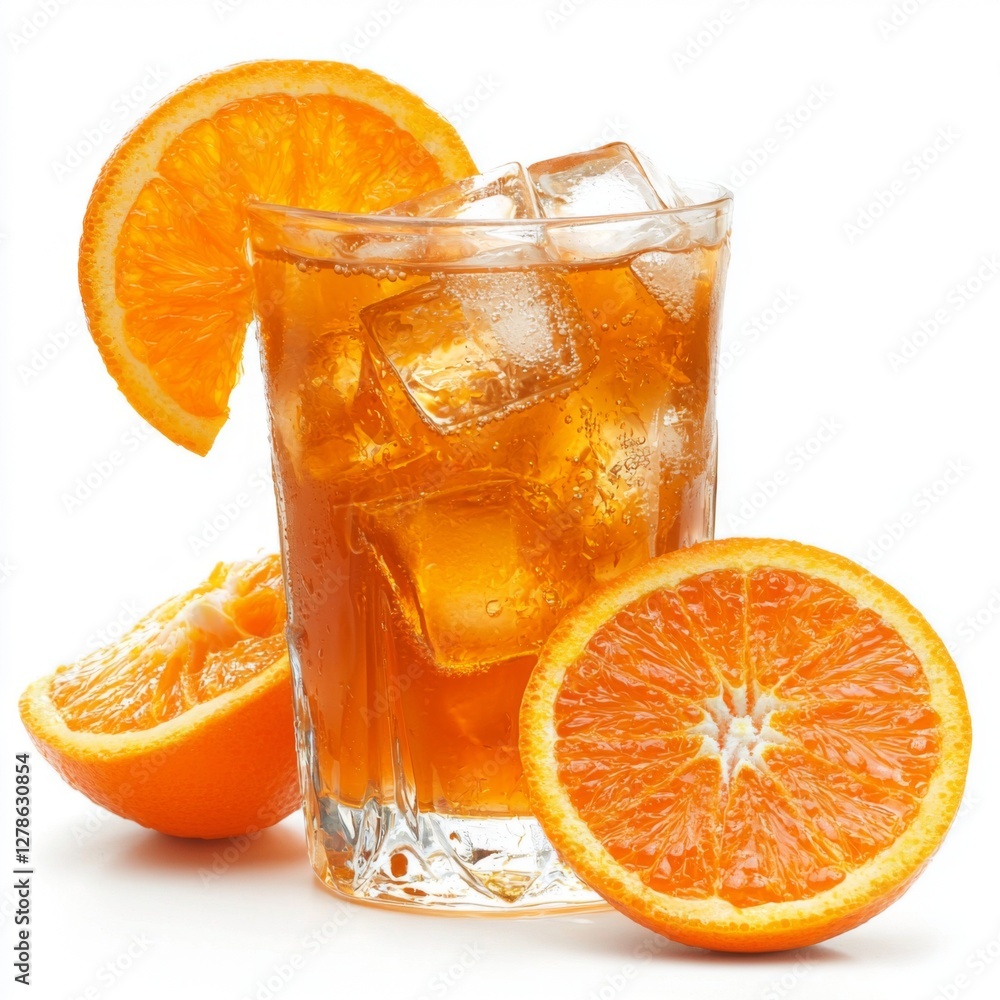 Poster a refreshing glass of orange juice with ice cubes and a slice of orange, isolated on a white backgro