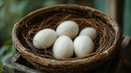 White wool eggs nest spring nature decor