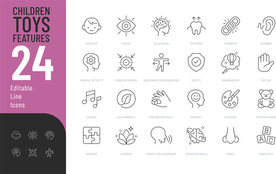 
Children Toys Features Line Editable Icons set. Vector illustration in modern thin line style of toddler development related icons: play therapy, education, cognitive skills, and more. Pictograms and