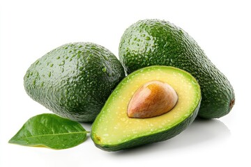 Fresh Avocados with Leaf and Halved Fruit