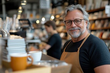 A friendly barista smiles at the camera while standing behind a coffee shop counter, creating a warm and inviting atmosphere for customers to enjoy their coffee.