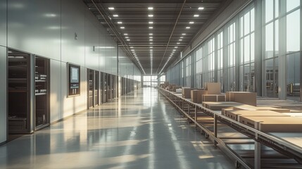 A bright, spacious warehouse corridor lined with shelves, showcasing boxes and large windows that allow natural light to flood the area.