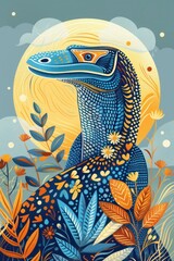 Obraz premium A colorful, stylized dinosaur surrounded by vibrant plants and flowers against a bright background.