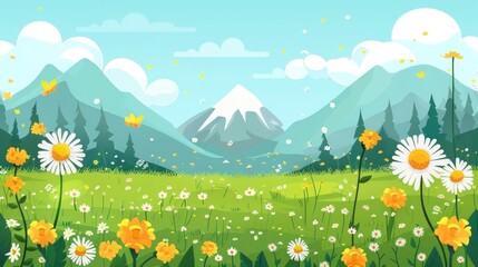 Fototapeta premium Serene Mountain Meadow: A Springtime Landscape