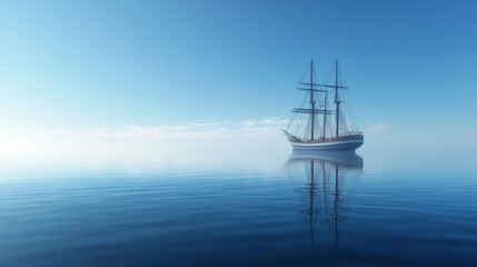 Fototapeta premium A serene photo of a large ship anchored in the middle of a calm, tranquil sea, with clear blue skies and reflections of the vessel shimmering on the waters surface.