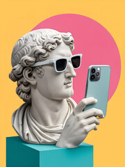 A marble statue wearing sunglasses holds a smartphone against a colorful background
