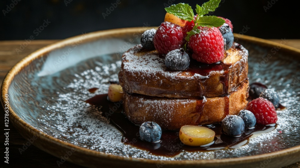 Aufkleber A stack of French toast slices dusted with powdered sugar and topped with fresh berries and a drizzle of maple syrup, served on a rustic ceramic plate.