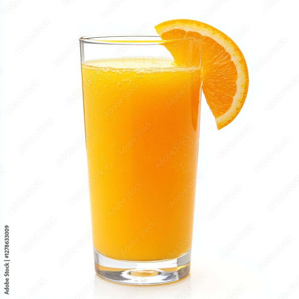 Poster a tall glass of fresh orange juice with an orange wedge on the edge, isolated on a white background 