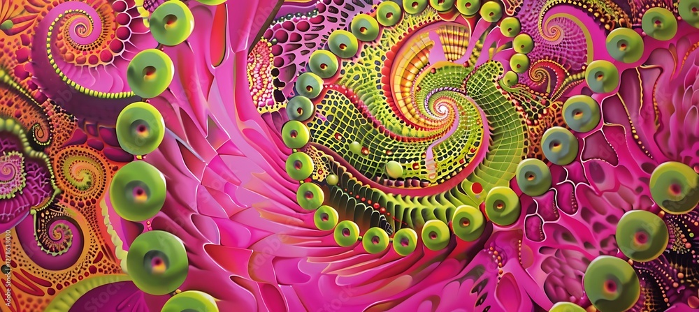 Poster pink and green spirals twisting together to create a unique abstract background design