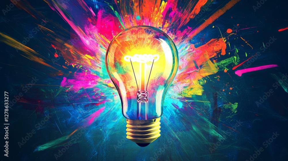 Leinwandbilder a vibrant image of a light bulb with colorful rays extending outward, symbolizing a burst of creativ