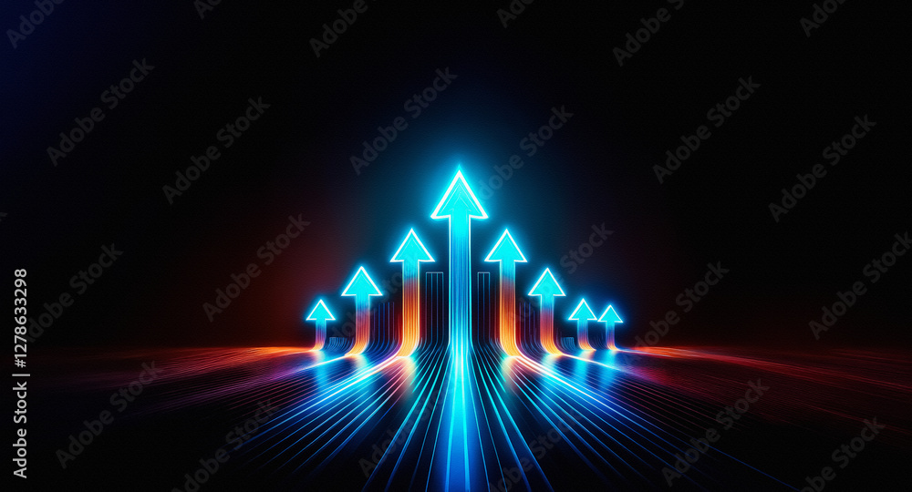 Aufkleber Bright blue arrows ascend on a dark backdrop, illuminated by streaks of orange and blue light, symbolizing growth and forward direction in a dynamic scene.