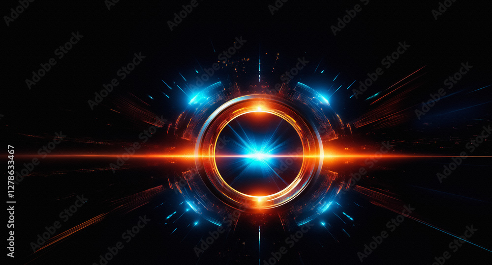 Poster abstract glowing circle with vibrant orange and blue light bursts on a dark backdrop, creating a fut