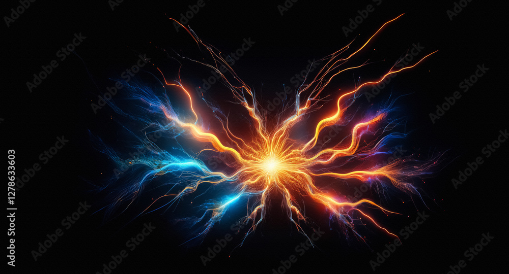Aufkleber A vibrant energy burst illuminates the dark backdrop. Bright light radiates outwards with dynamic blue and orange trails resembling branching lines, creating an abstract and powerful visual effect.