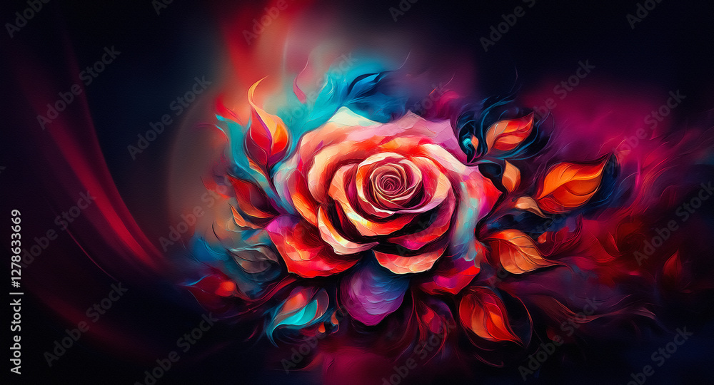 Aufkleber a vibrant rose in full bloom displays colorful petals against a dark abstract backdrop, creating a b