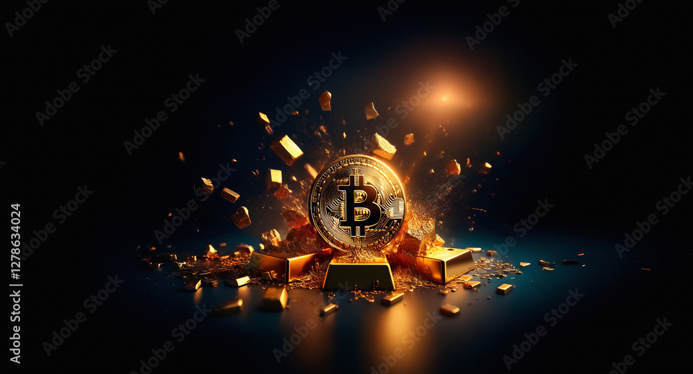 Poster A golden bitcoin explodes from a pile of gold bars and fragments against a dark backdrop, illuminated by a bright light source, symbolizing digital currency.