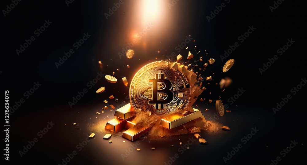 Poster digital gold concept featuring a bitcoin symbol surrounded by gold bars and coins, illuminated by a 
