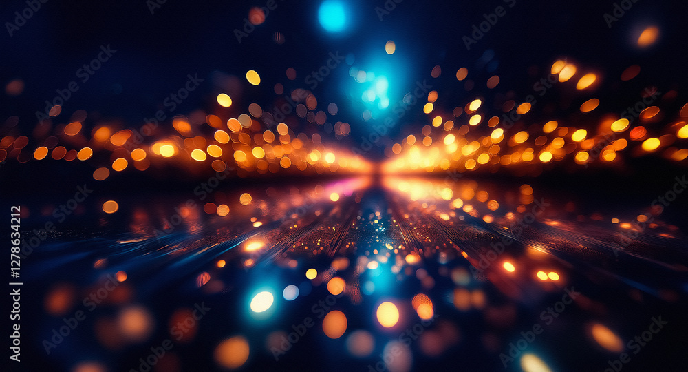Aufkleber blurred abstract image featuring luminous bokeh lights in orange and blue hues. dynamic spots spread