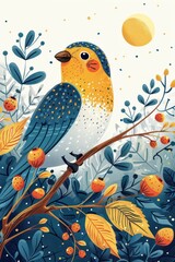 A colorful illustration of a bird perched on a branch surrounded by foliage and fruit.