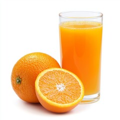 A whole orange next to a glass of fresh orange juice, isolated on a white background for a clean and fresh presentation.