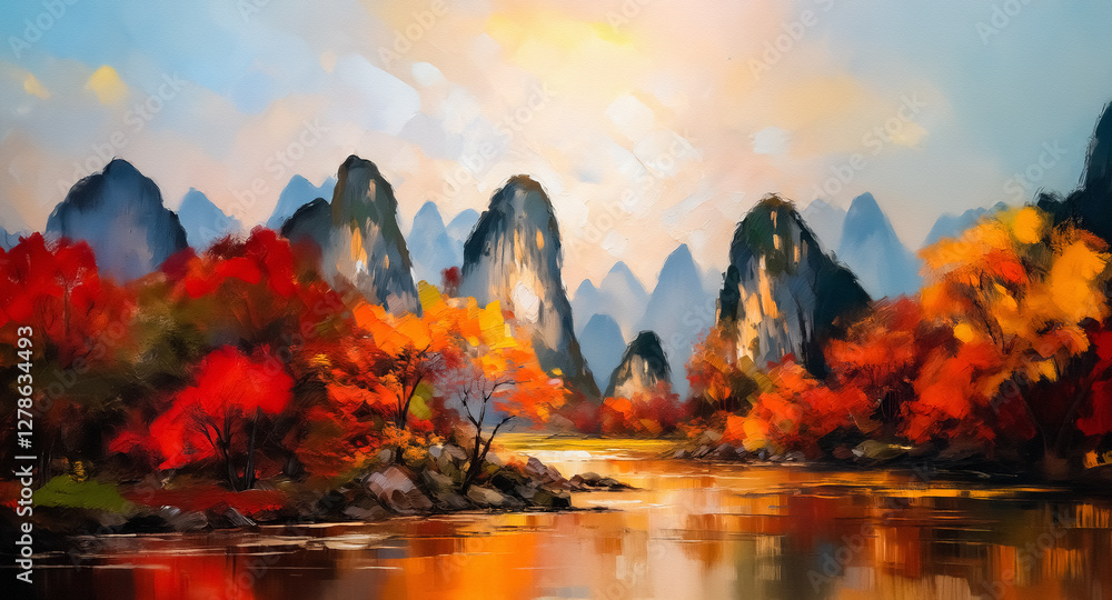 Poster vibrant autumn scenery shows colorful trees reflecting in calm water, with majestic mountains rising