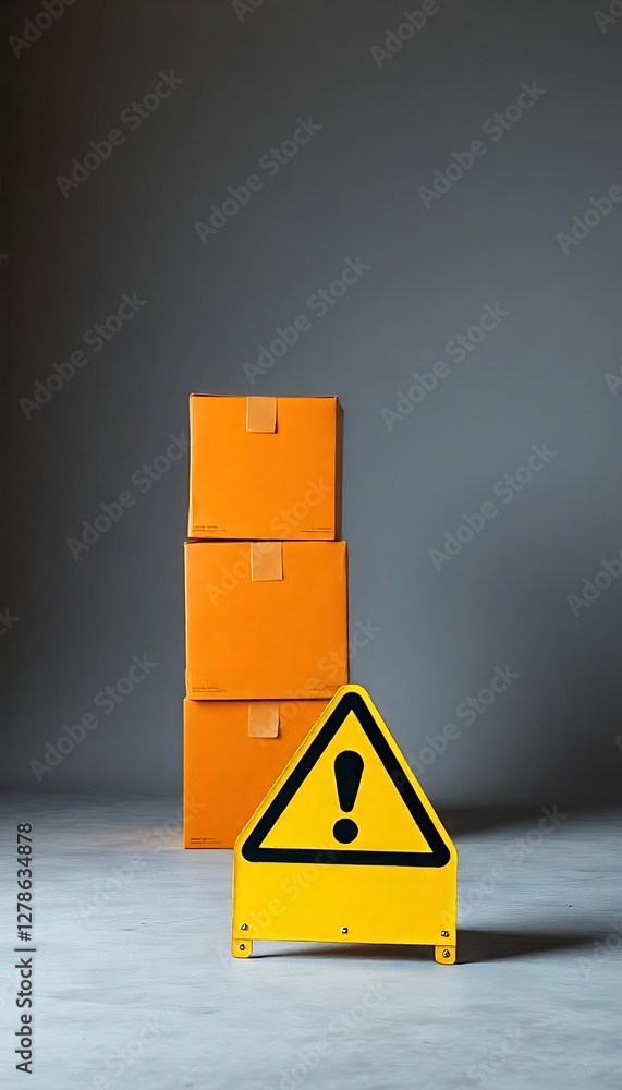 Poster generative ai image of stacked orange boxes and a yellow warning sign indicating caution, isolated o