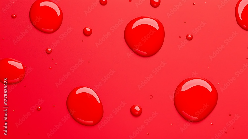 Poster a vibrant red background with glossy droplets, creating a fresh and lively appearance, ideal for des
