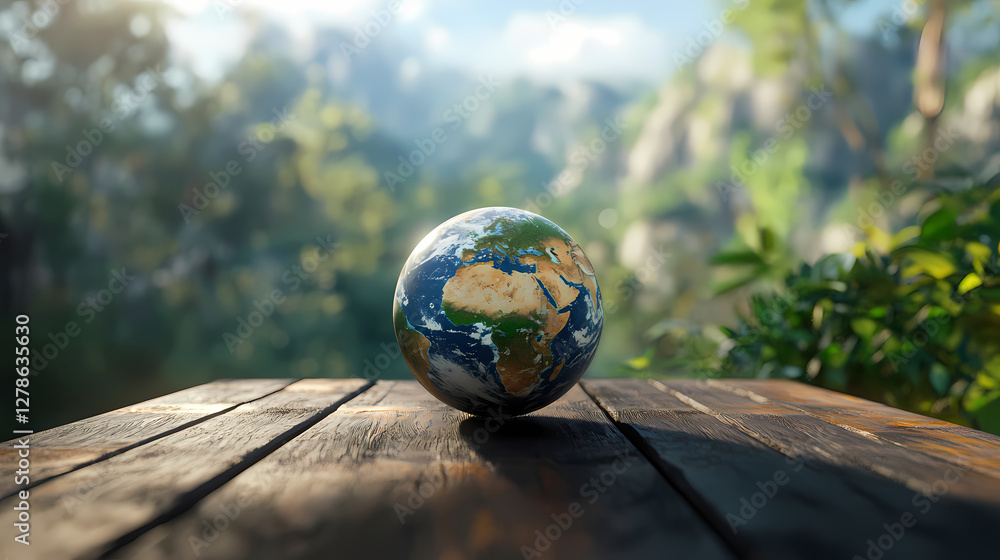 Poster globe on table: a meticulously crafted globe rests on a rustic wooden table, its intricate details o