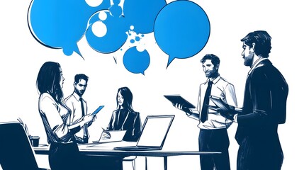 A group of business people in suits, standing and talking to each other with speech bubbles above their heads
