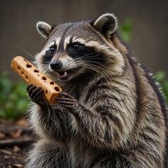 A raccoon holding something, mischievous expression, transparent background.