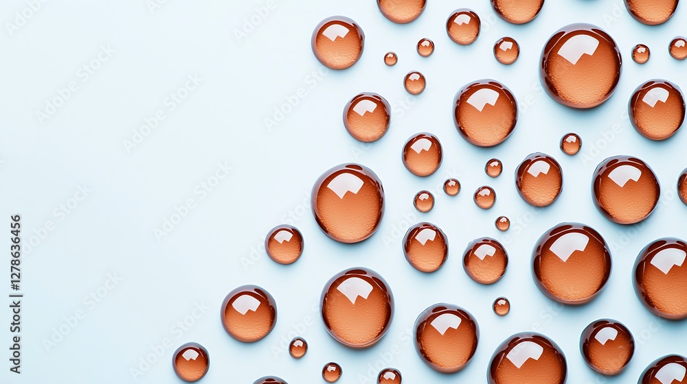 Poster a close-up view of glossy, amber-colored droplets scattered across a smooth, light blue surface, cre