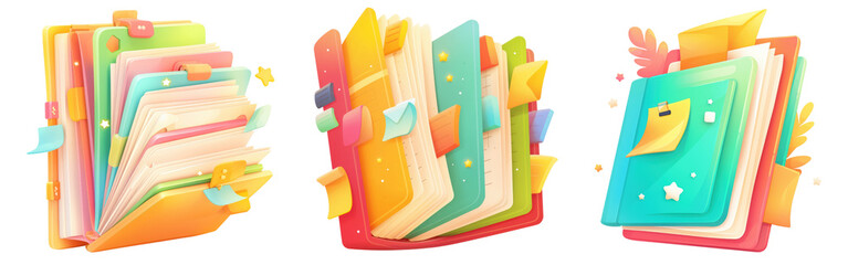 Vibrant Cartoon Style Open Folder with Colorful Sticky Notes and Highlighted Papers on Transparent Background Office Supplies