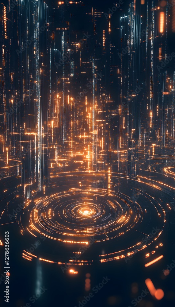 Poster abstract technological cityscape with glowing lines and concentric circles