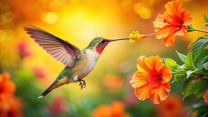 Fototapeta premium Hummingbird sips nectar from a bright orange hibiscus flower against a vibrant floral background, tropical flowers, garden flowers