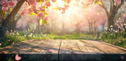 Spring blossoms, wooden table, garden, sunlight